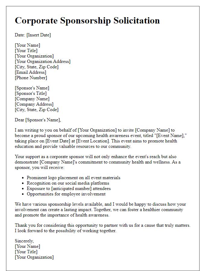 Letter template of corporate sponsorship solicitation for health awareness event.