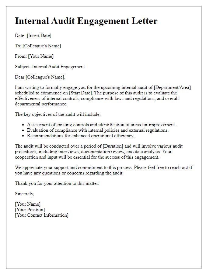 Letter template of internal audit engagement letter to colleagues.