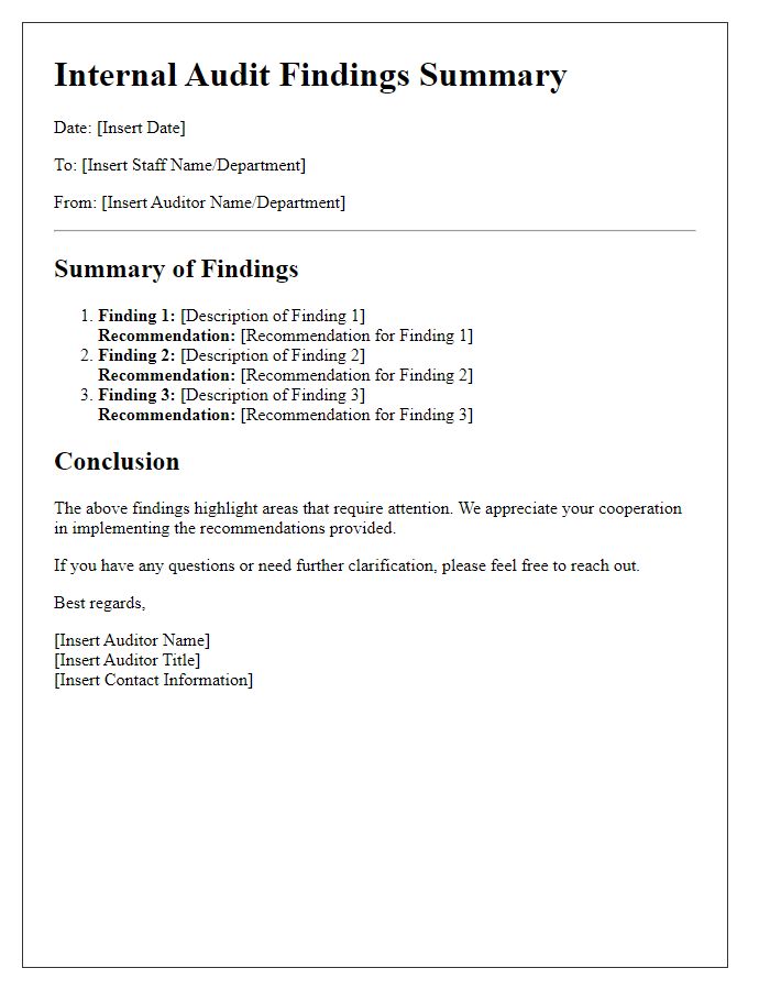 Letter template of internal audit findings summary for staff.