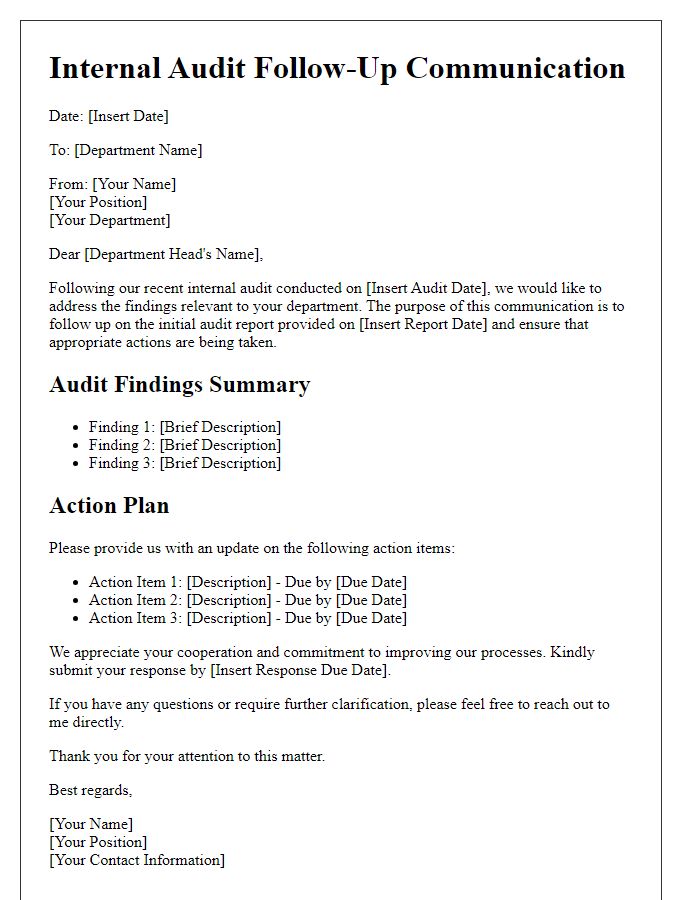 Letter template of internal audit follow-up communication for affected departments.