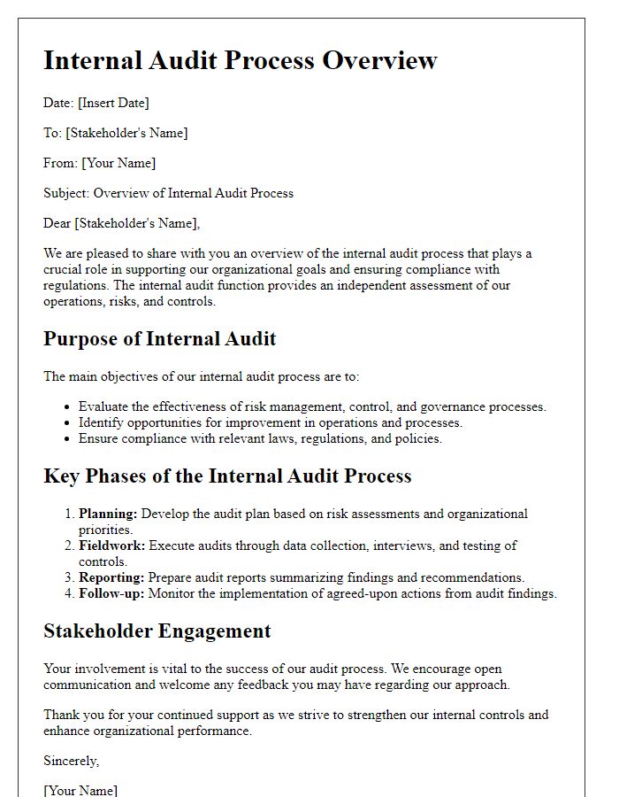 Letter template of internal audit process overview for stakeholders.