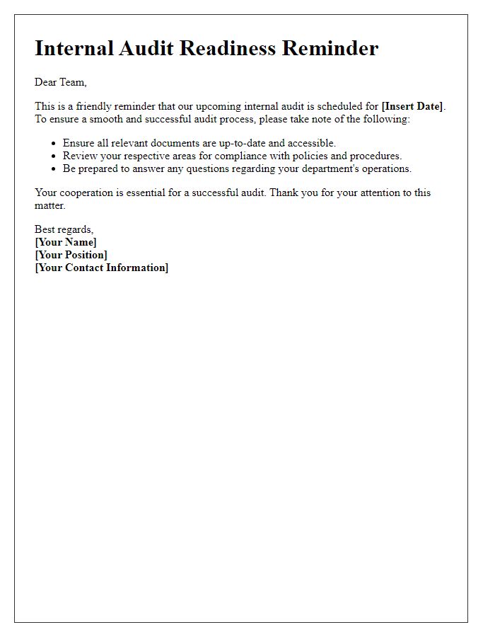 Letter template of internal audit readiness reminder for all personnel.