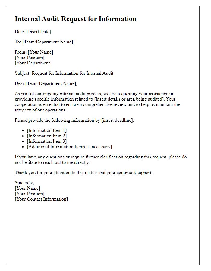 Letter template of internal audit request for information from teams.