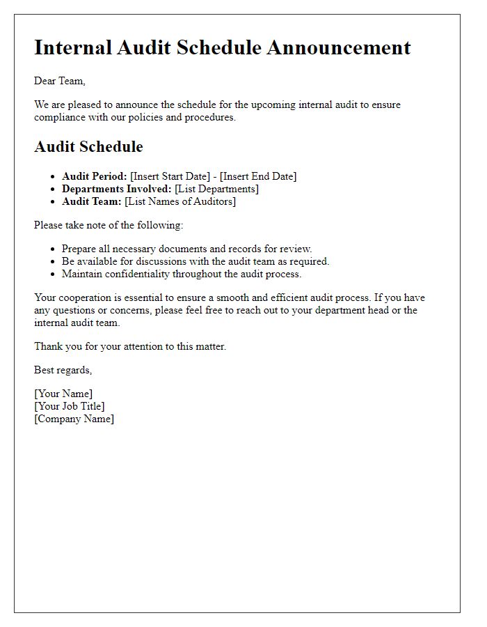 Letter template of internal audit schedule announcement for employees.