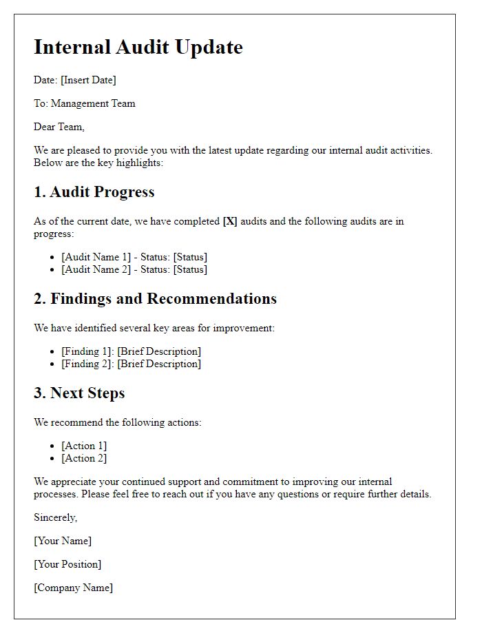 Letter template of internal audit update for management team.