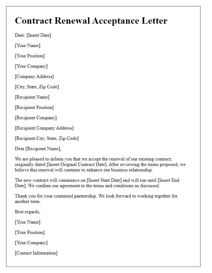 Letter template of business contract renewal acceptance