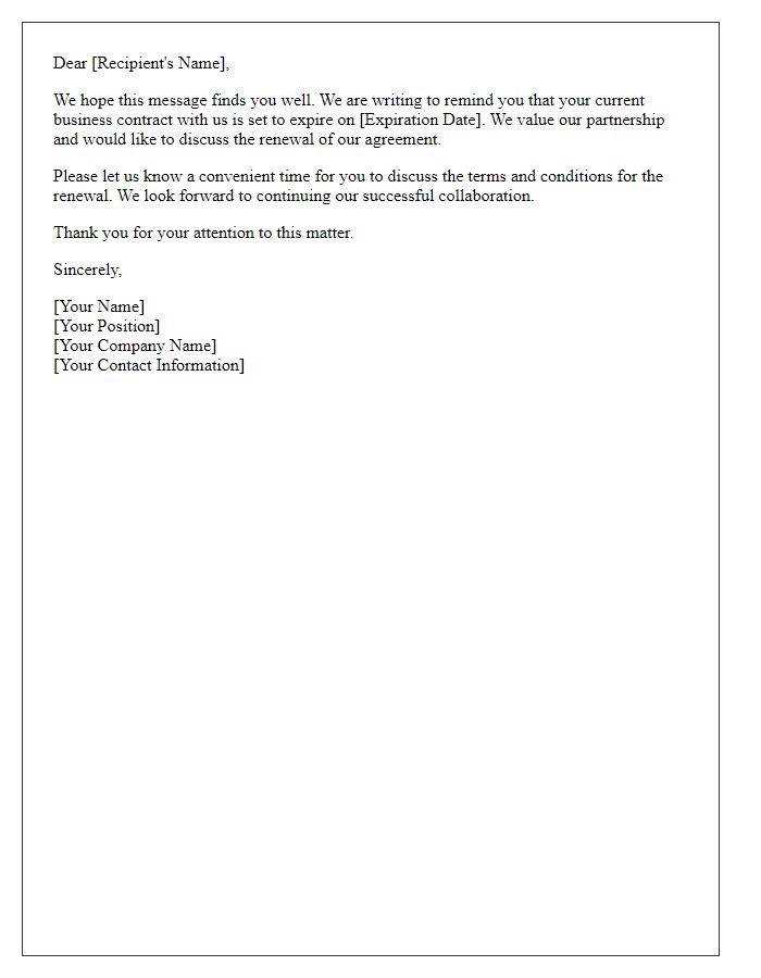 Letter template of business contract renewal reminder