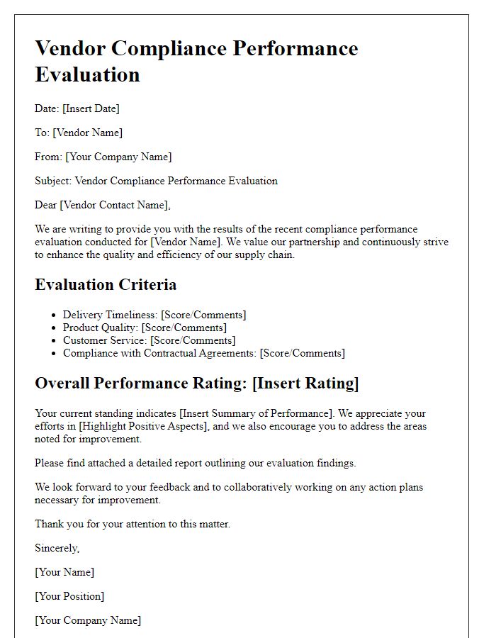 Letter template of vendor compliance performance evaluation