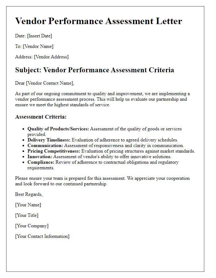 Letter template of vendor performance assessment criteria