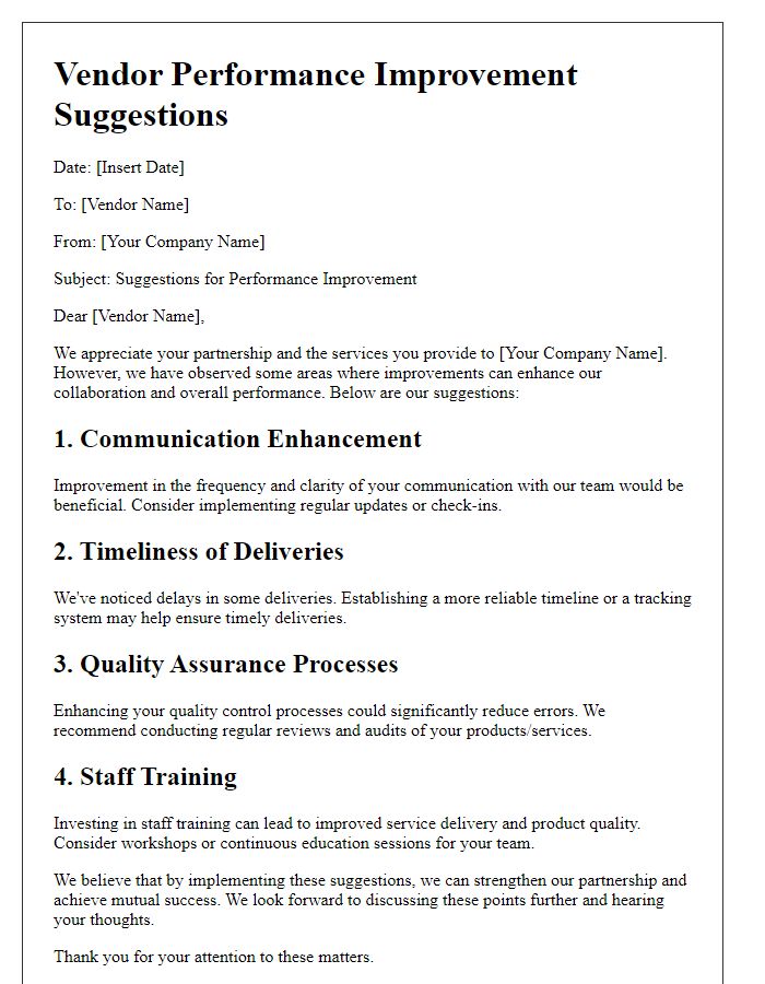 Letter template of vendor performance improvement suggestions