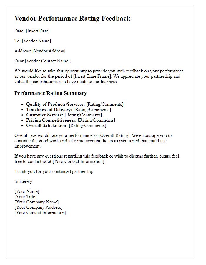 Letter template of vendor performance rating feedback