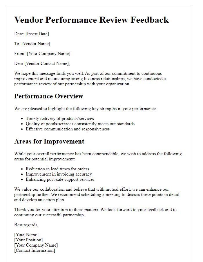 Letter template of vendor performance review feedback