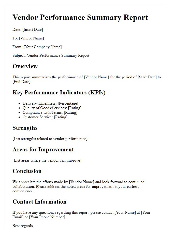 Letter template of vendor performance summary report