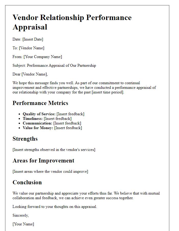 Letter template of vendor relationship performance appraisal