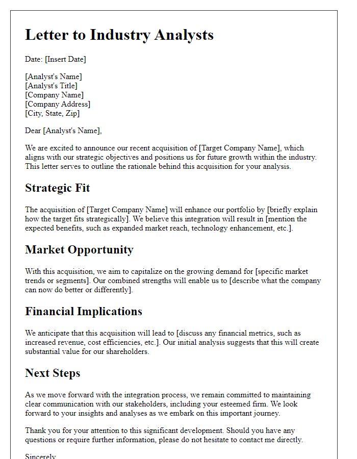 Letter template of acquisition rationale for industry analysts