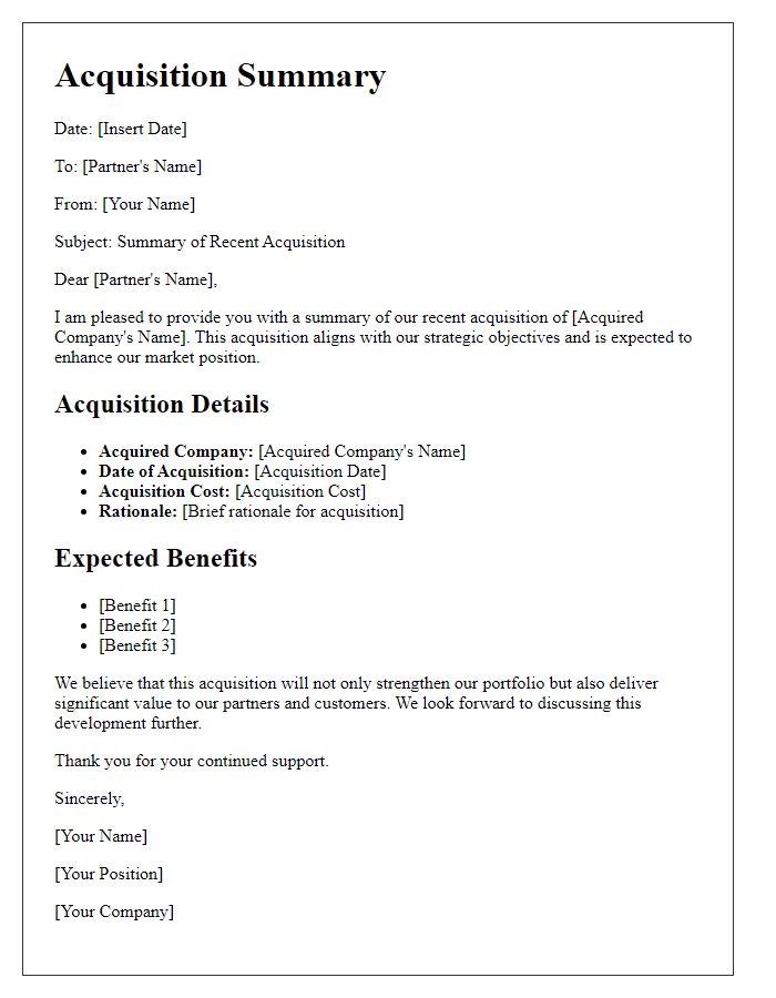 Letter template of acquisition summary for business partners