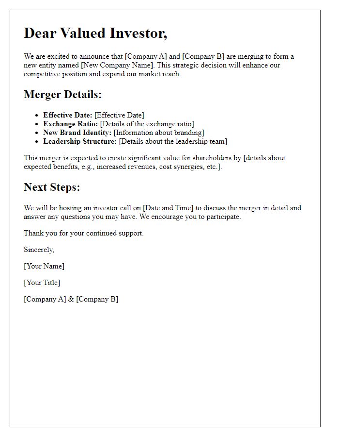 Letter template of merger details for investors