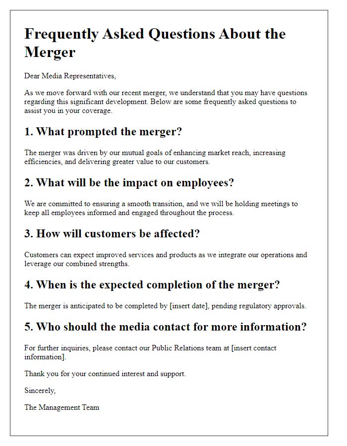 Letter template of merger FAQ for the media