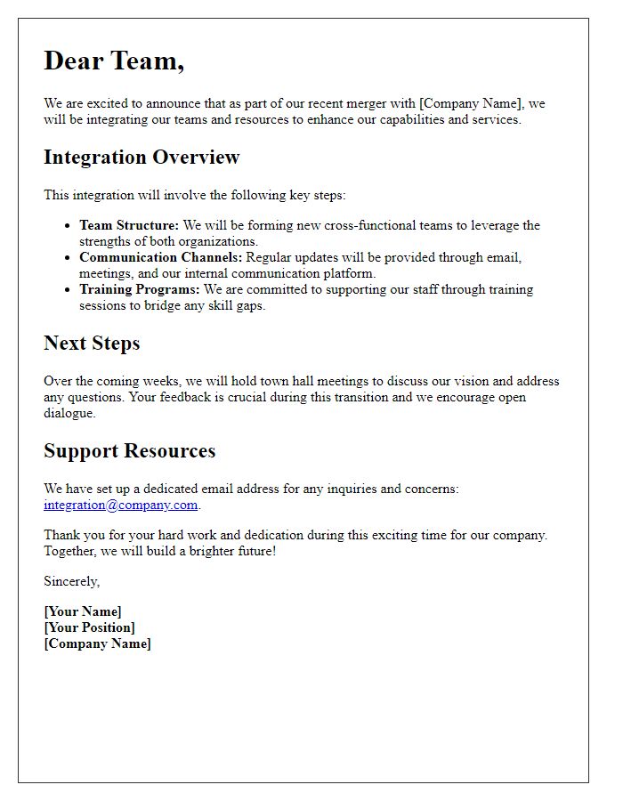 Letter template of merger integration plans for staff