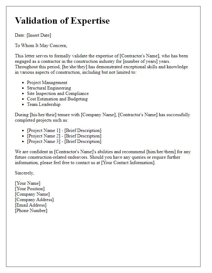 Letter template of validation for a contractor's expertise in construction.