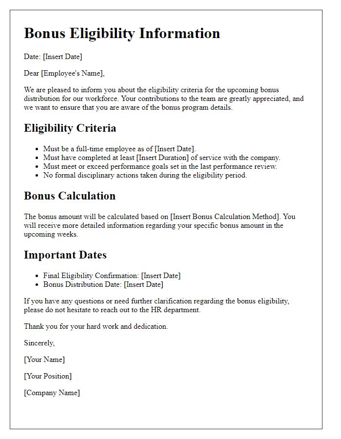 Letter template of bonus eligibility information for workforce