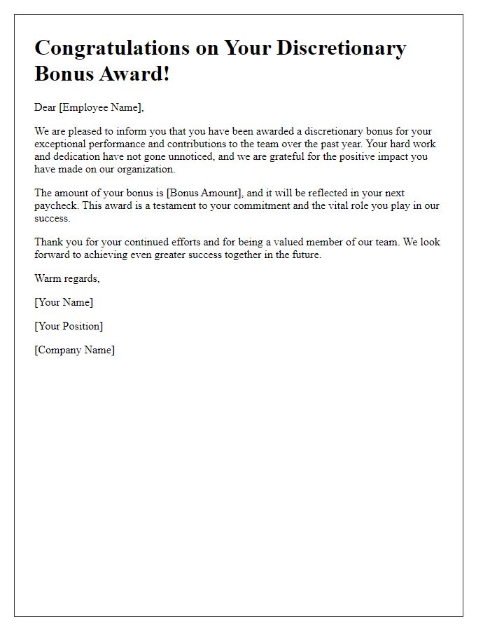 Letter template of discretionary bonus award communication