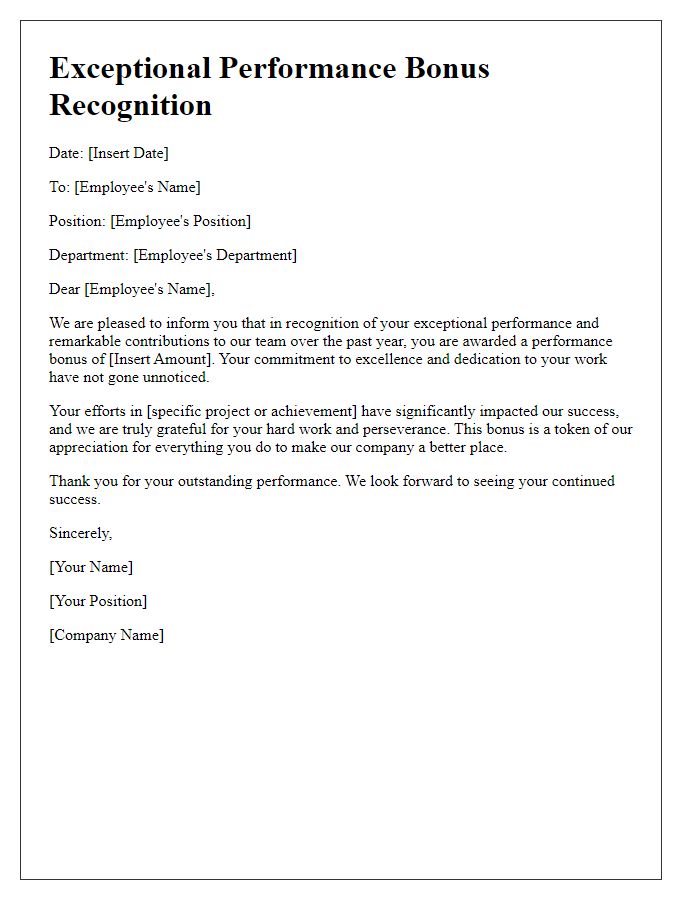 Letter template of exceptional performance bonus recognition