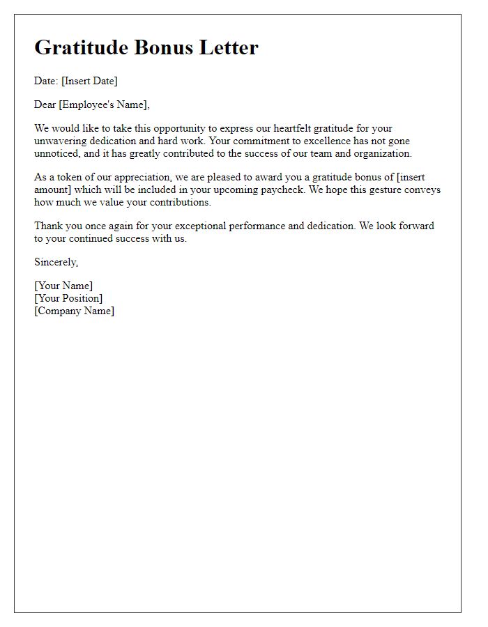 Letter template of gratitude bonus letter for dedicated employees