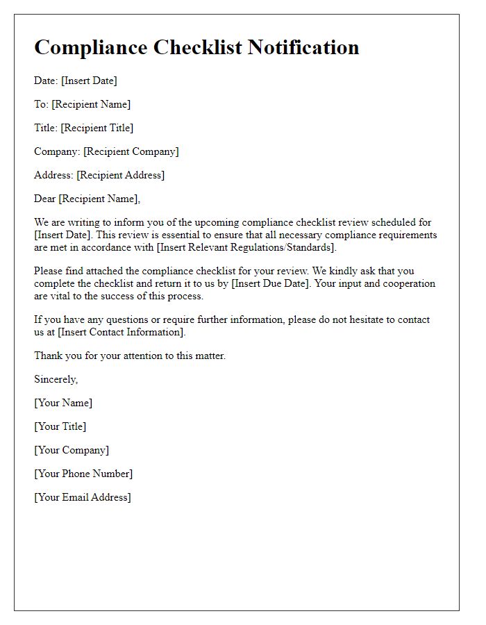 Letter template of compliance checklist notification