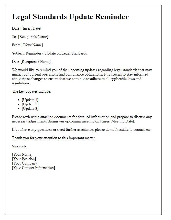 Letter template of legal standards update reminder