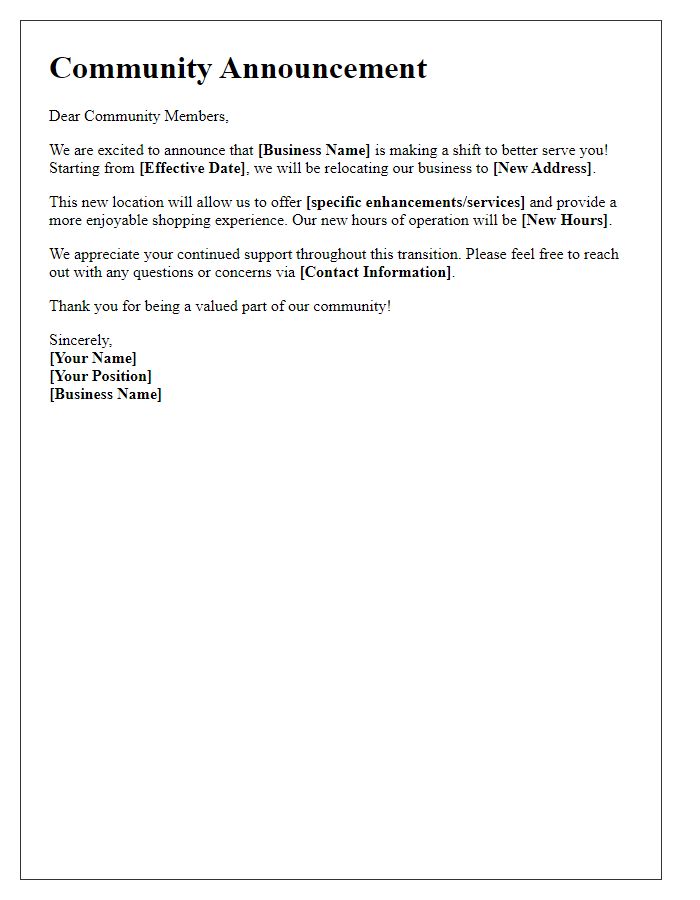 Letter template of community announcement for business shift