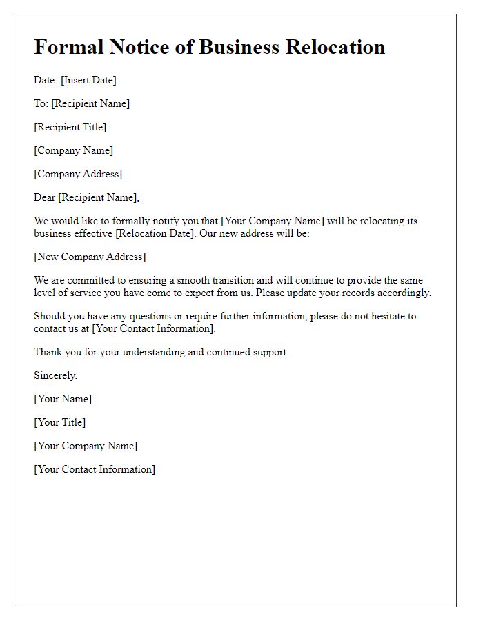 Letter template of formal notice for business relocation