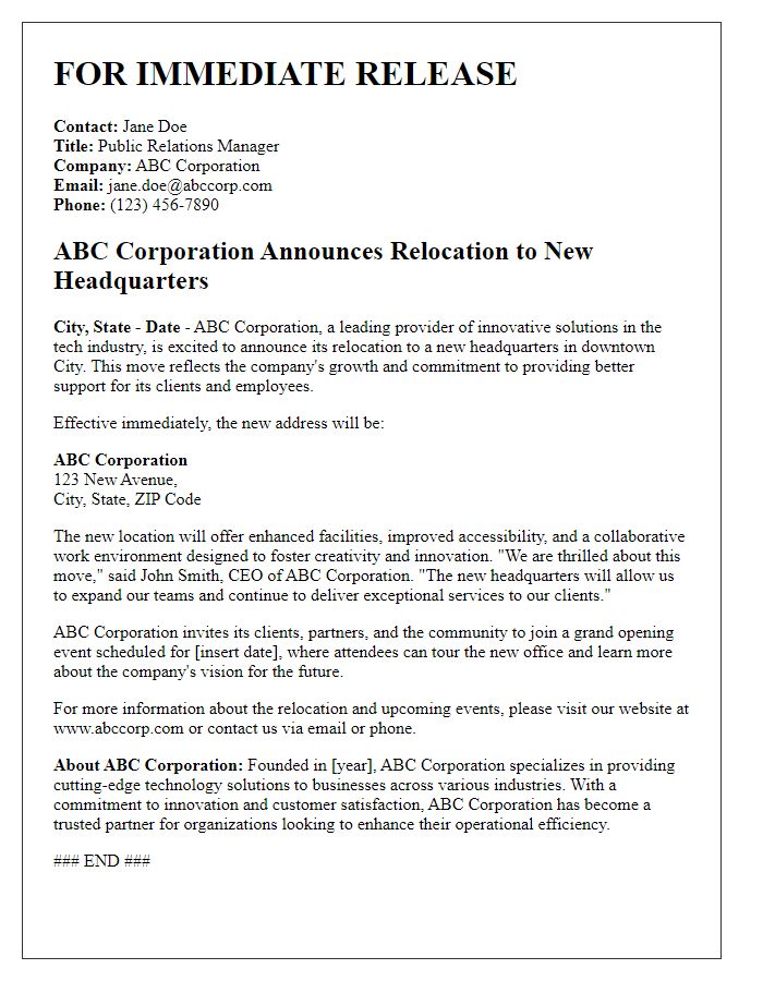 Letter template of press release for business relocation