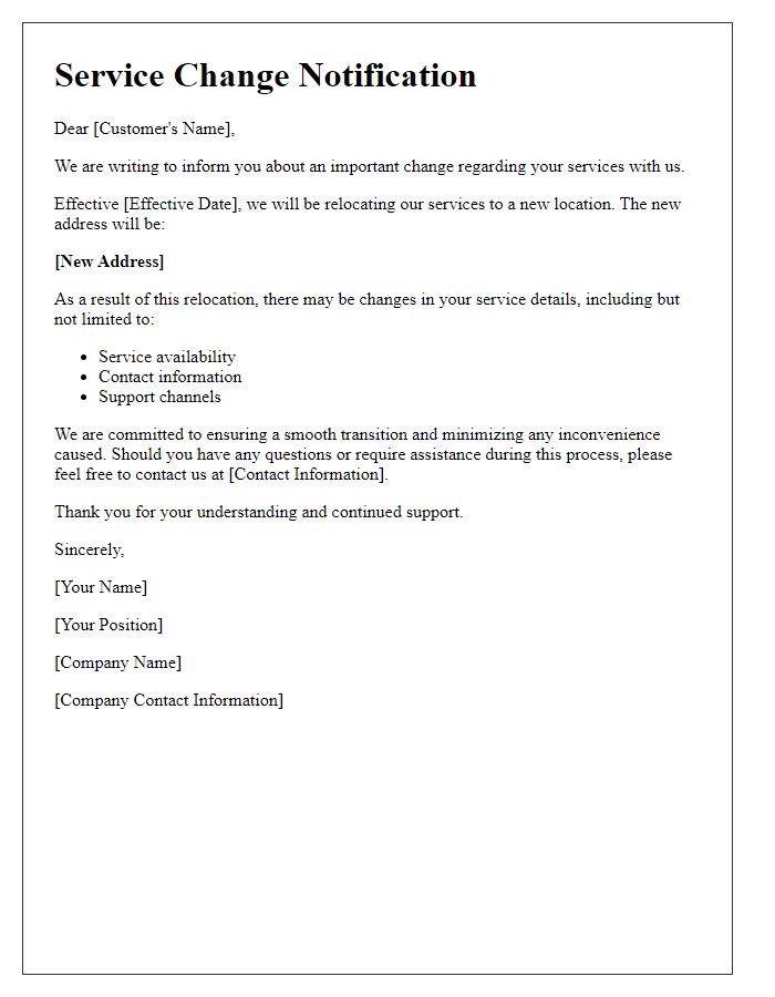 Letter template of service change notification for relocation