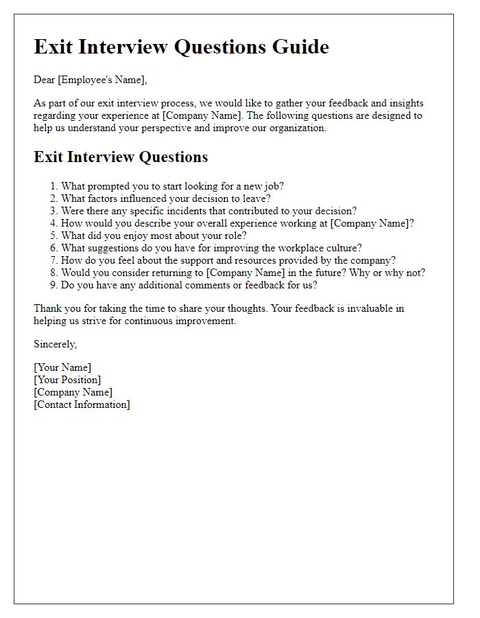 Letter template of Exit Interview Questions Guide