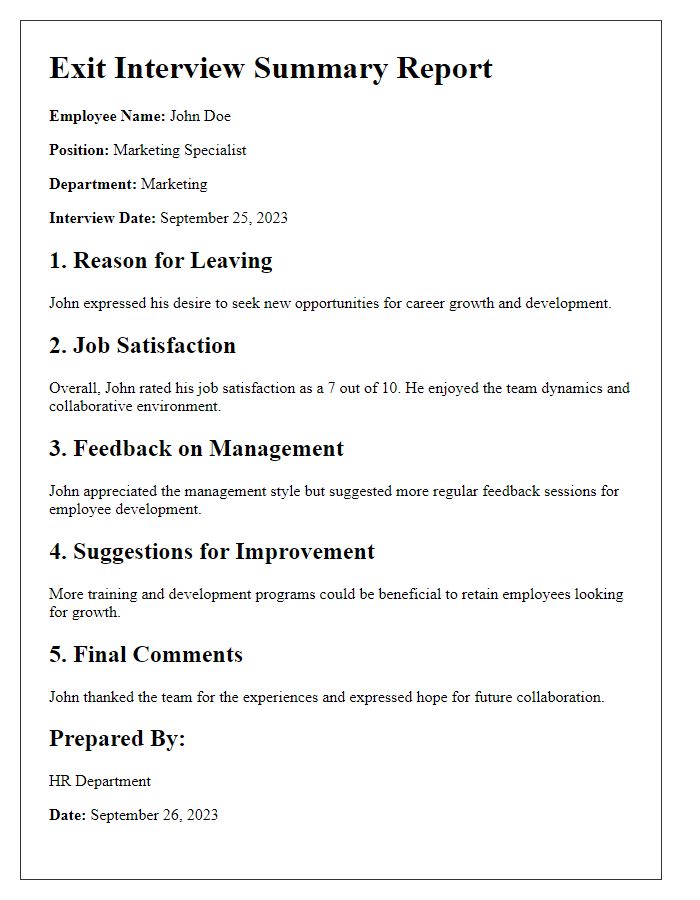 Letter template of Exit Interview Summary Report