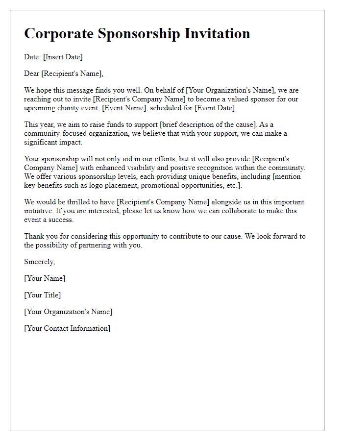 Letter template of corporate sponsorship invitation for charity.