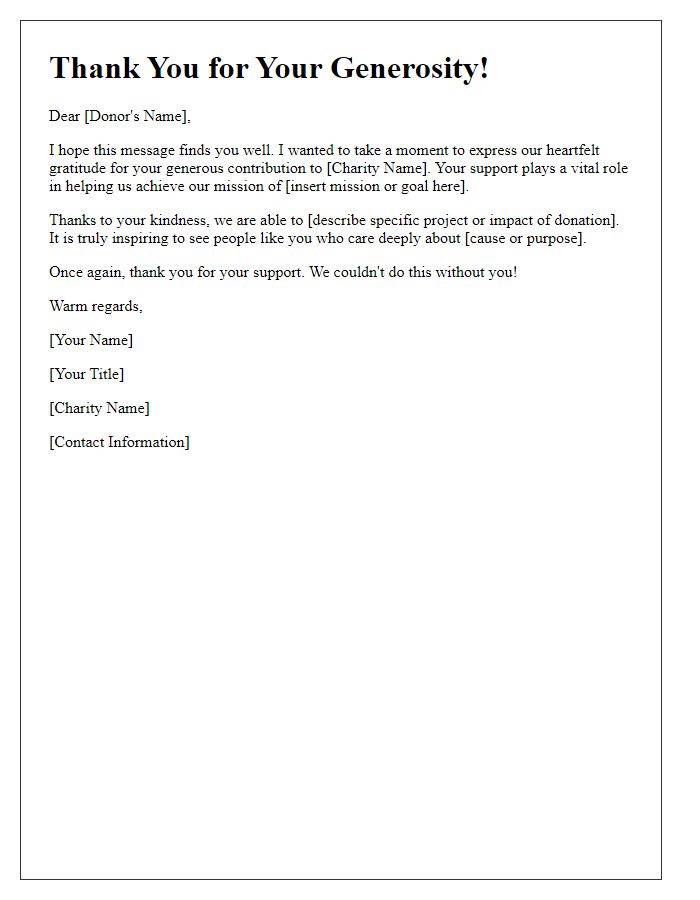 Letter template of thank you note for recent charity contributions.