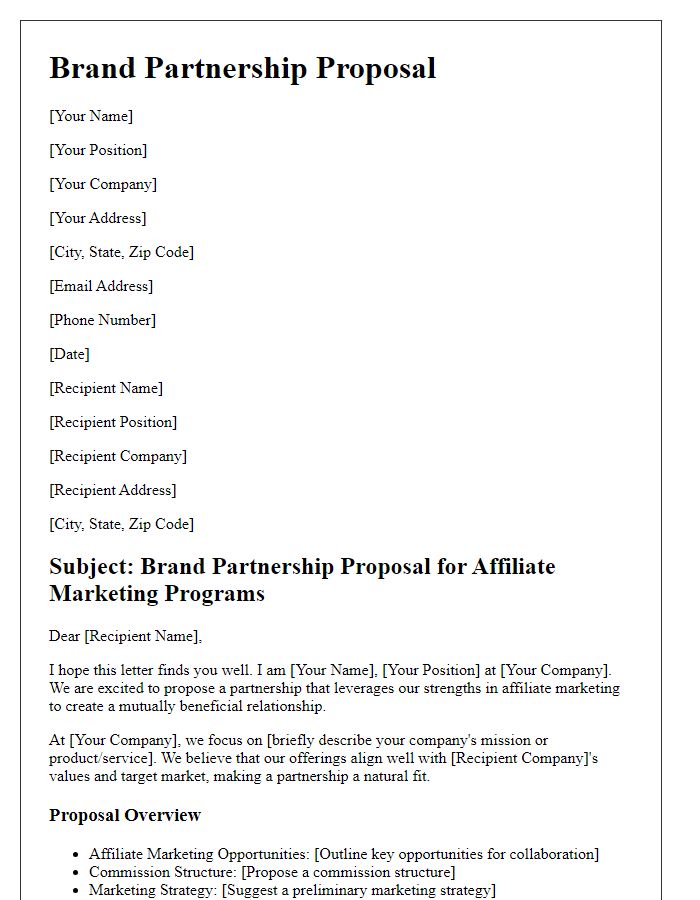 Letter template of brand partnership proposal for affiliate marketing programs.