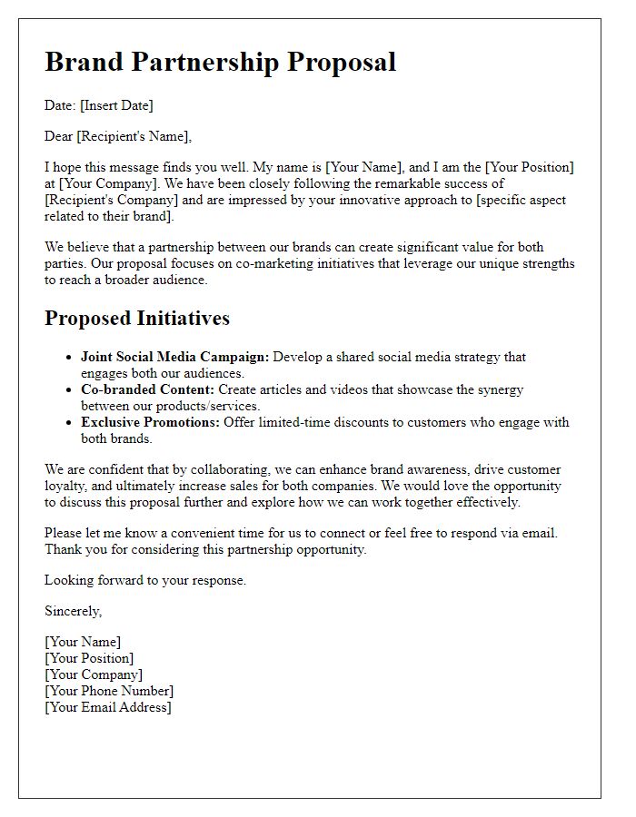 Letter template of brand partnership proposal for co-marketing initiatives.