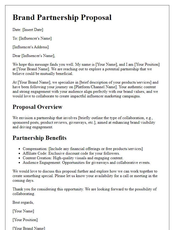 Letter template of brand partnership proposal for influencer marketing campaigns.