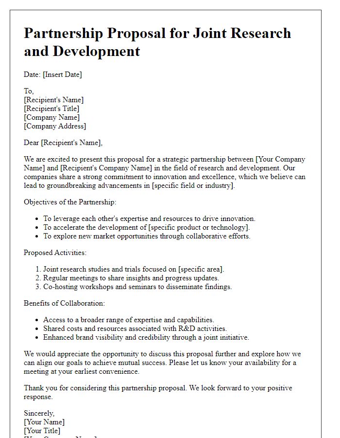 Letter template of brand partnership proposal for joint research and development.