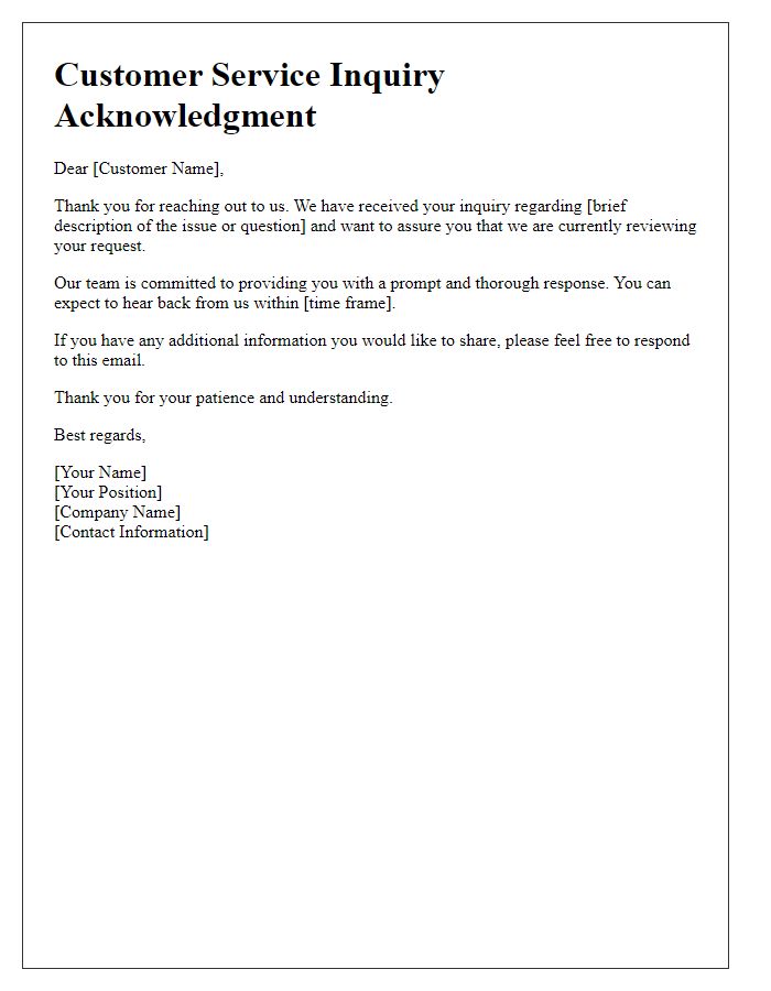 Letter template of customer service inquiry acknowledgment