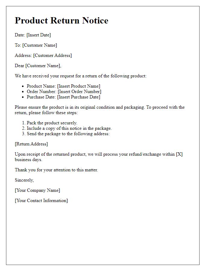 Letter template of product return notice