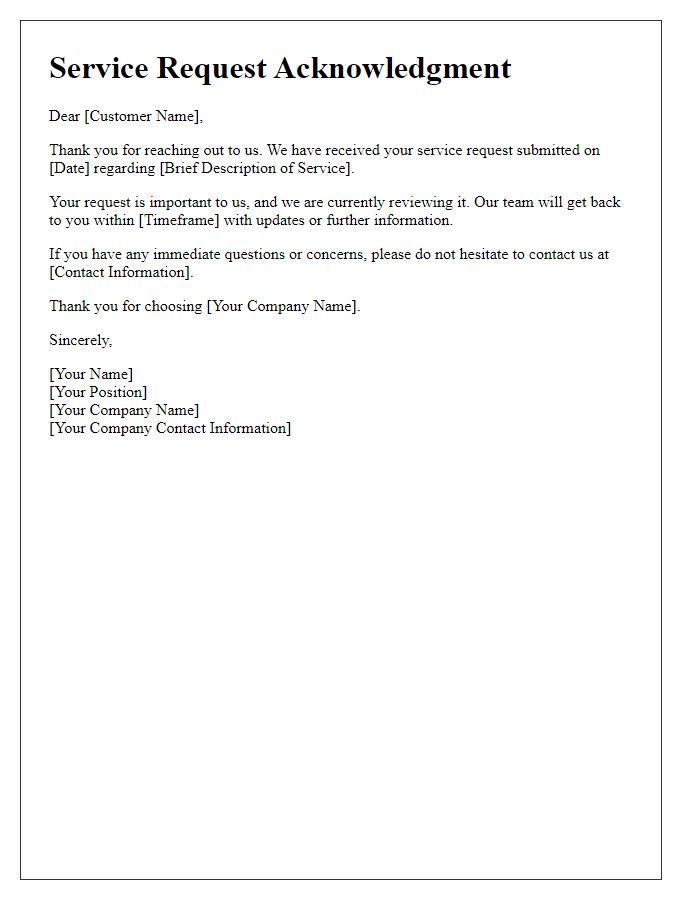 Letter template of service request acknowledgment