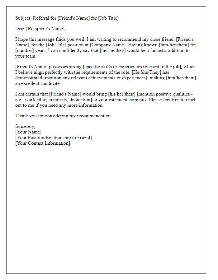 Letter template of job referral for a close friend