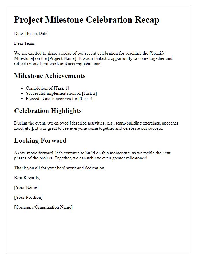 Letter template of project milestone celebration recap