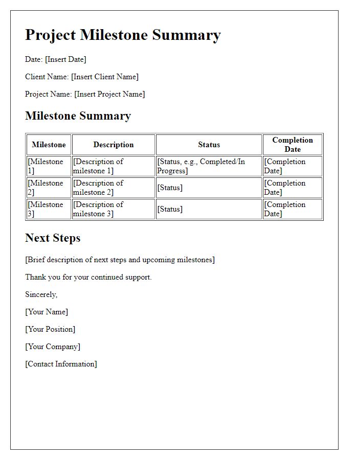 Letter template of project milestone summary for clients