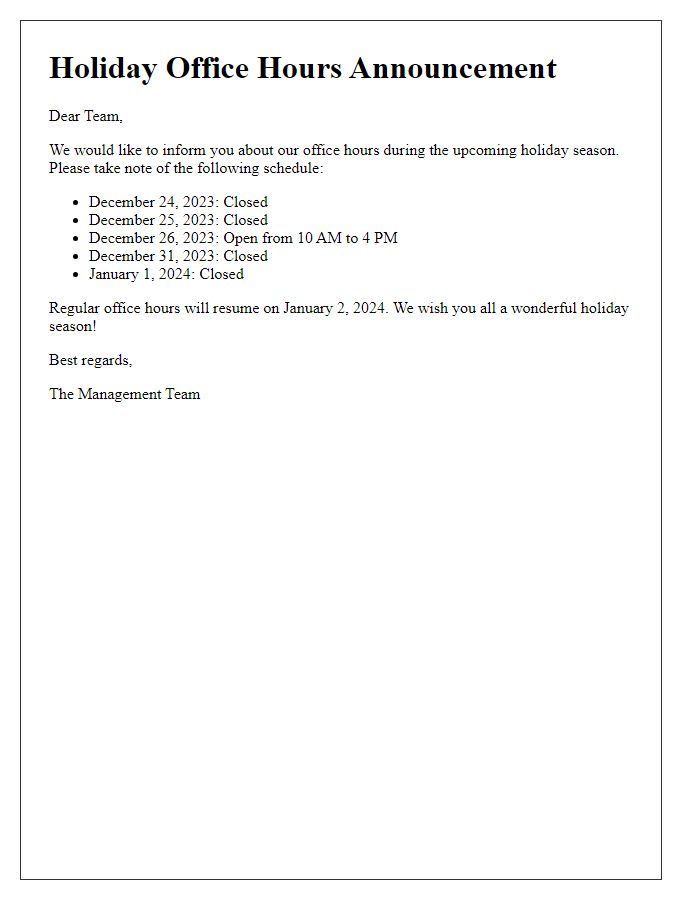 Letter template of announcement regarding holiday office hours