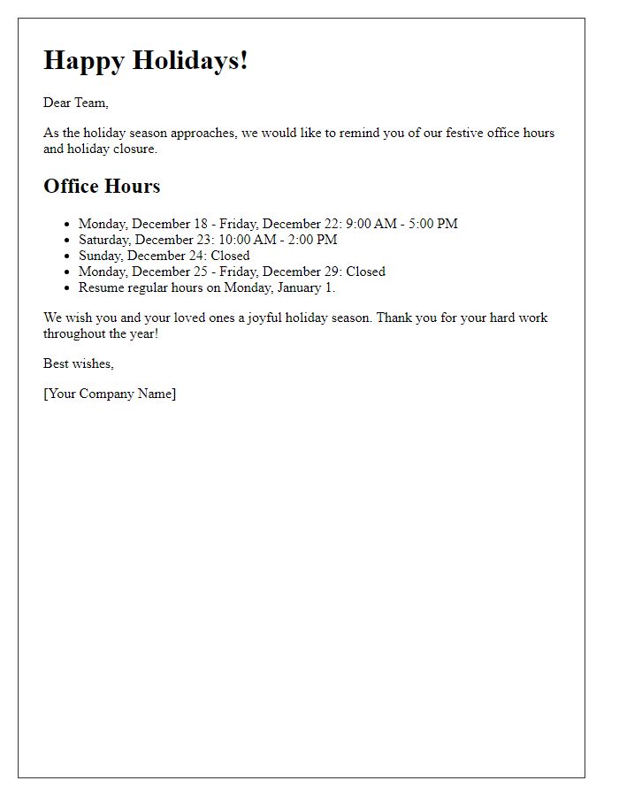 Letter template of festive office hours and holiday closure reminder